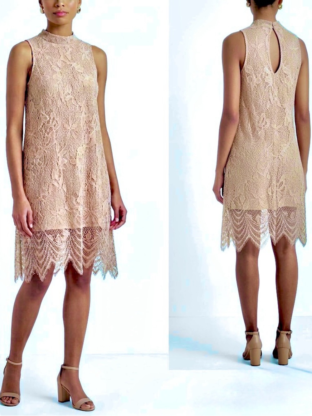 Love, Fire Tan Nude Floral Crochet Lace High Neck Shift Dress - Size Small